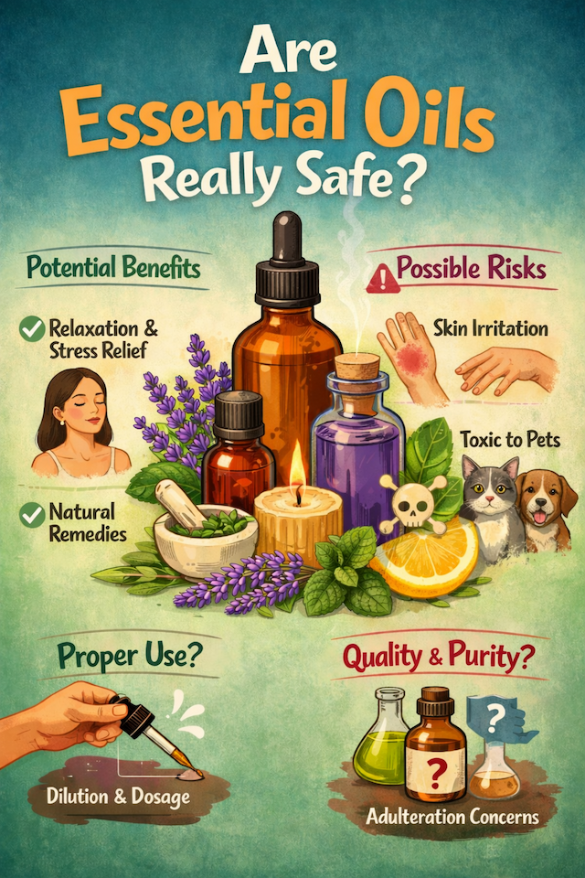 Infographic on essential oil safety showing benefits like stress relief and natural remedies alongside risks such as skin irritation and pet toxicity, with guidance on dilution, dosage, and product purity concerns