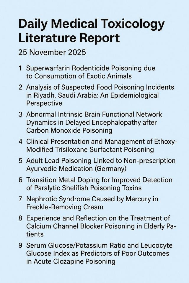 Infographic titled “Daily Medical Toxicology Literature Report – 25 November 2025” summarizing nine new poisoning studies, including superwarfarin rodenticide ingestion, food poisoning in Riyadh, carbon monoxide delayed encephalopathy, surfactant herbicide ingestion, Ayurvedic lead poisoning, paralytic shellfish toxins, mercury cosmetic nephrotic syndrome, elderly calcium channel blocker overdose, and clozapine poisoning outcomes